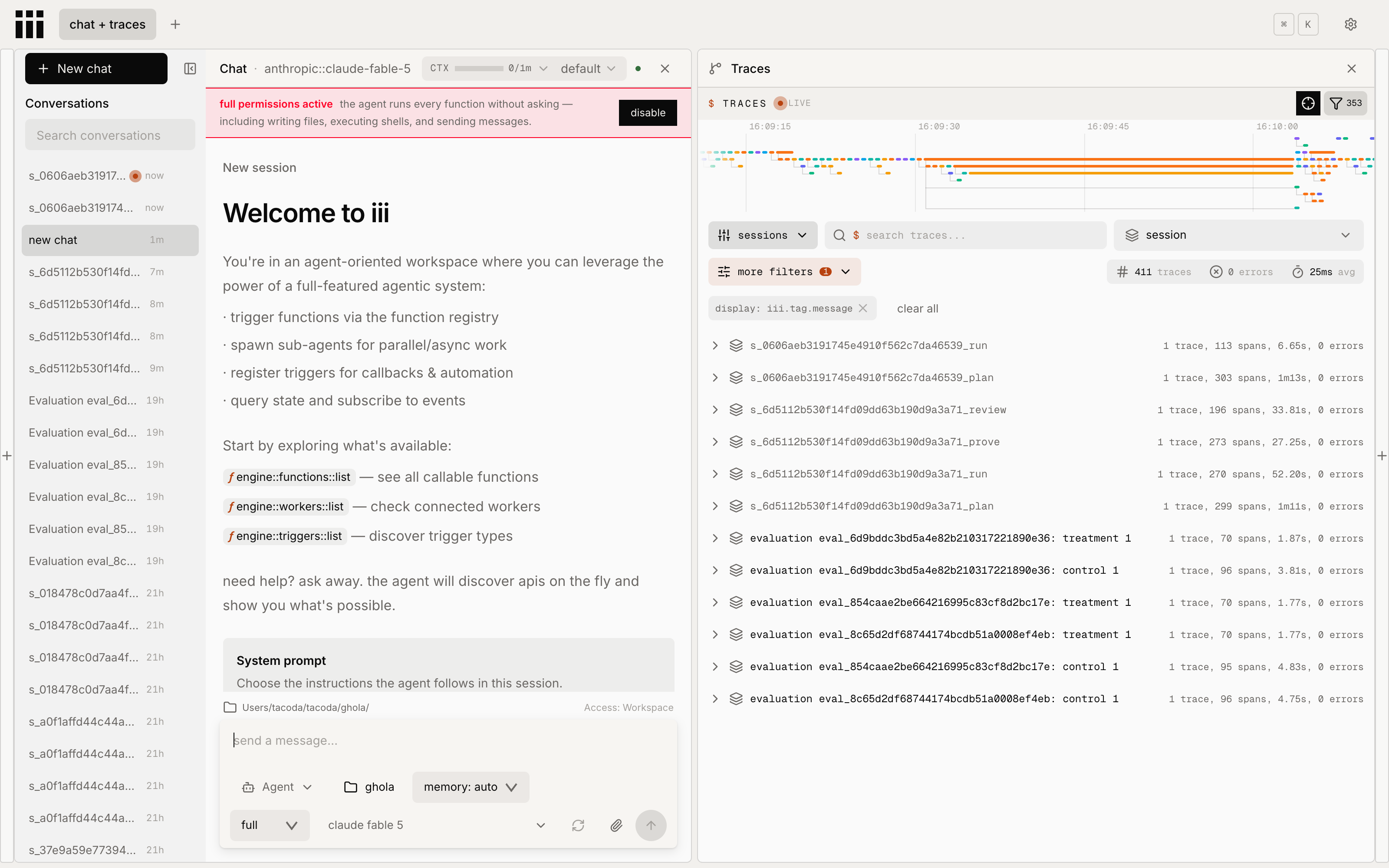 The iii console: chat on the left, and a live trace panel on the right listing one session per phase, each with its span count and duration