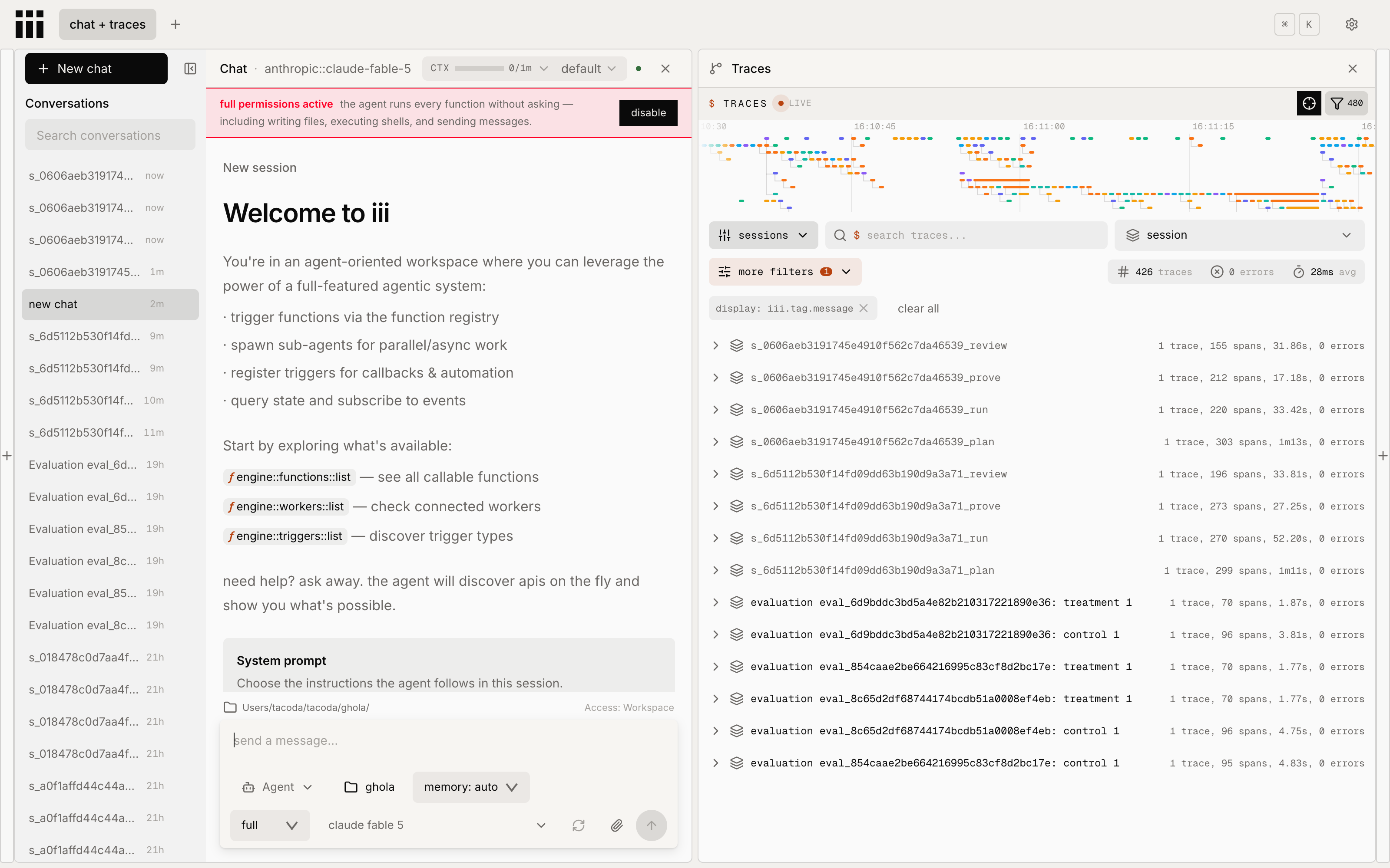 The iii console, chat on the left and a live trace panel on the right, listing one traced session per phase for each job